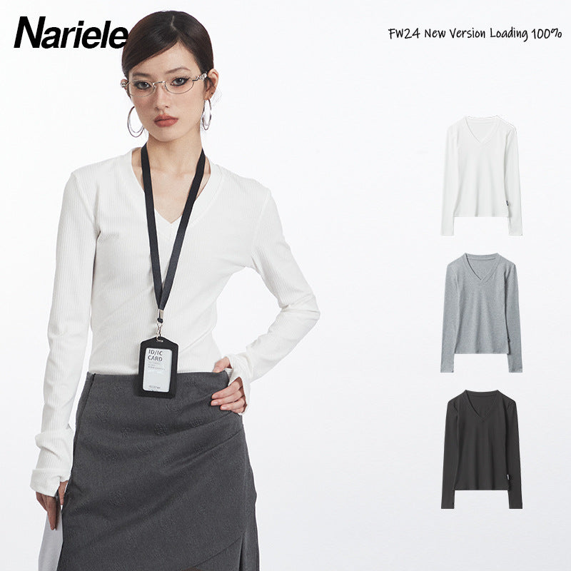 Nariele Deep V Neck Long Sleeve T-Shirt Slim Solid Top