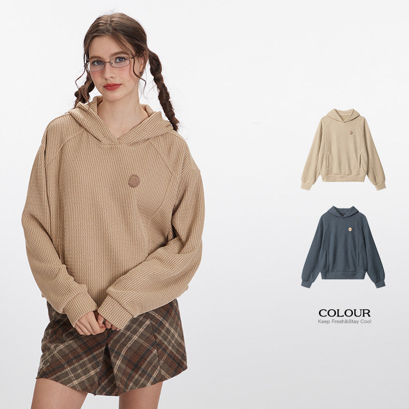 Nariele Retro Embroidered Label Pullover Hoodie Loose Sweatshirt