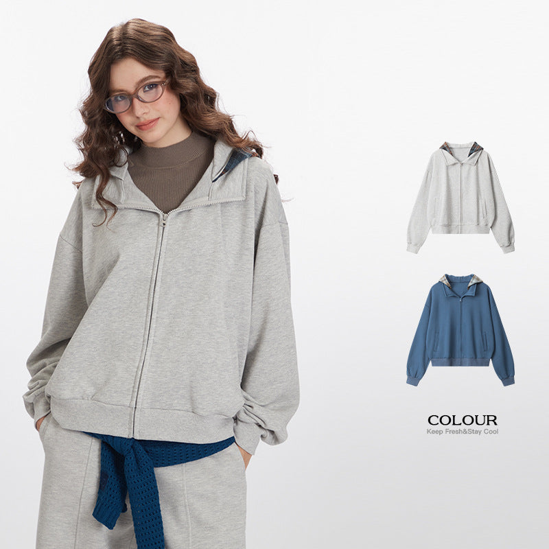 Nariele Fake Two-piece Hoodie Retro Loose Plaid Patchwork Jacket