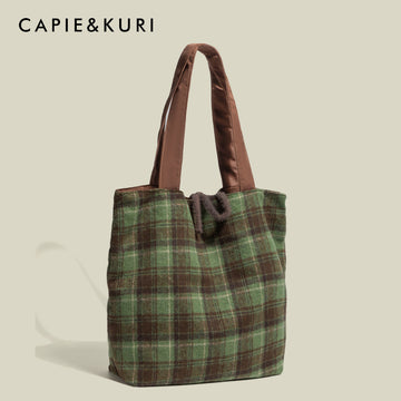 CAPIE&KURI Plush Commuter Tote Bag Women's Korean Lazy Style Green Plaid Shoulder Bag