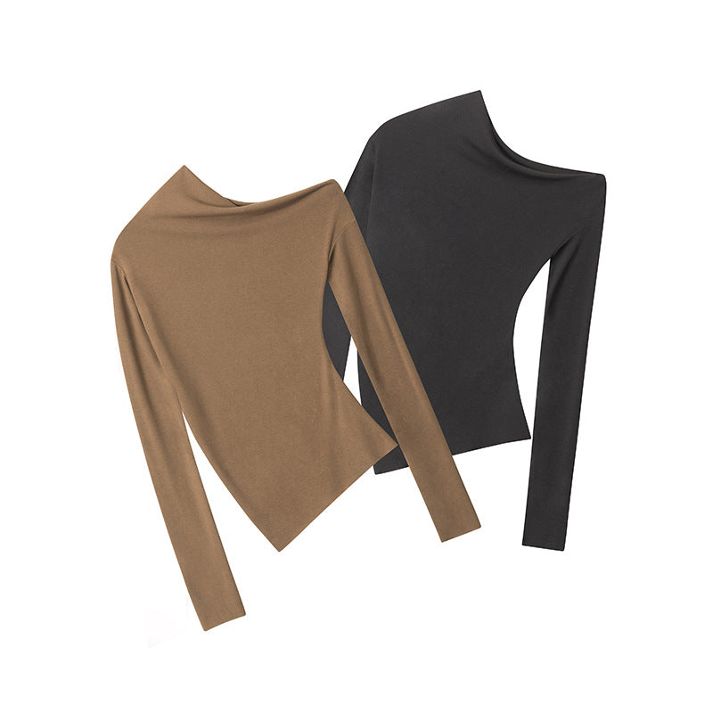 Nariele Irregular Shoulder Long-sleeved Crop Top Slim Chic T-shirt