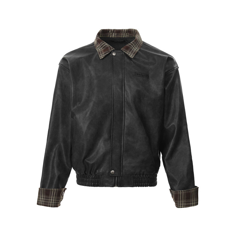 BTSG Lapel Plaid Panel Leather Jacket