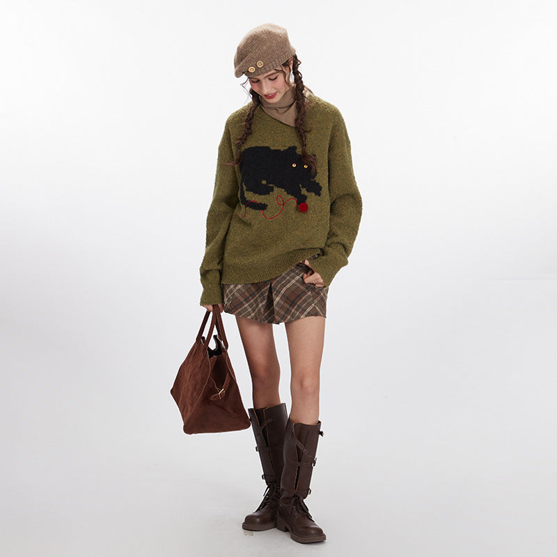 Nariele Cat Sweater Lazy Casual Knitted Loose Retro Crewneck Pullover Sweater