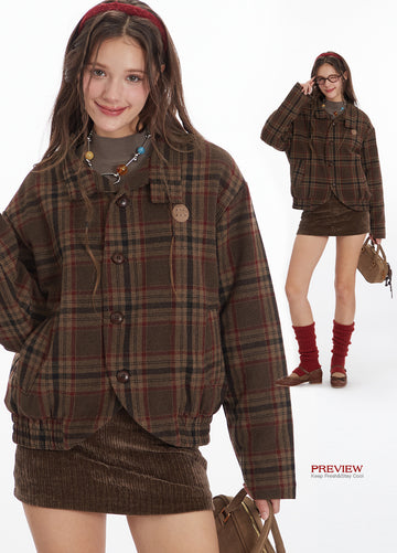 Nariele Y2K retro plaid Stand Neck Winter Slim short cotton jacket