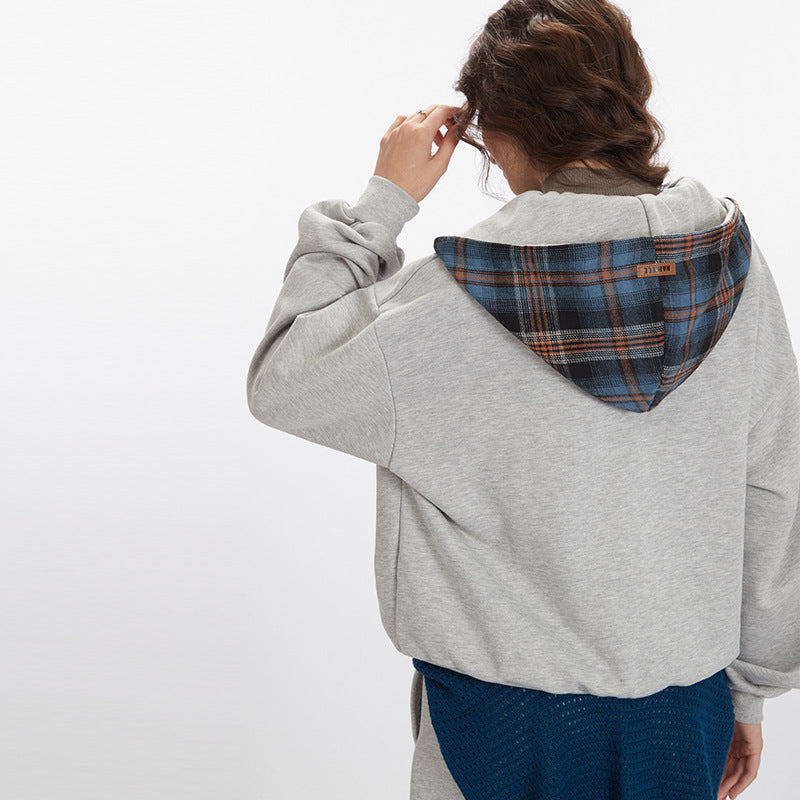 Nariele Fake Two-piece Hoodie Retro Loose Plaid Patchwork Jacket