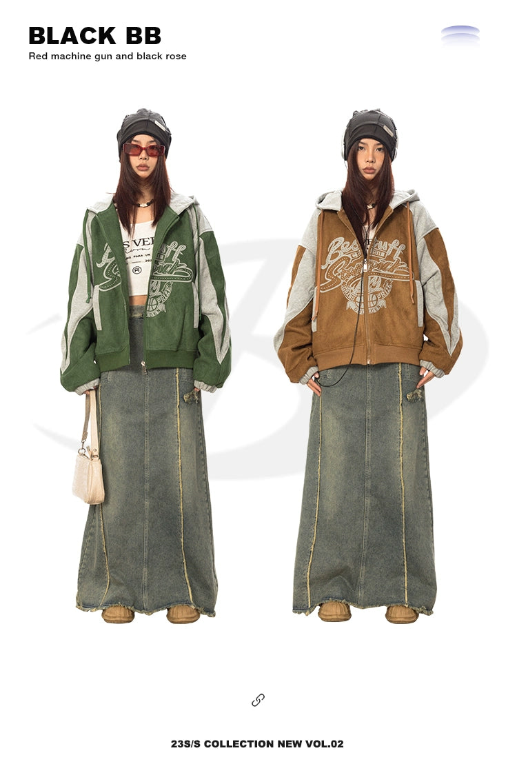 سترة BLACKBB من جلد الغزال المرقعة بغطاء للرأس ومطبوعة بسحاب