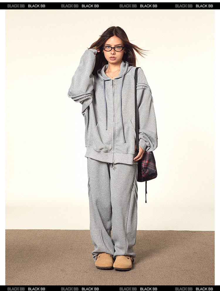 BLACKBB Lazy Hooded Long Sleeve Zip Up Set Elastic Waist Sweatpants