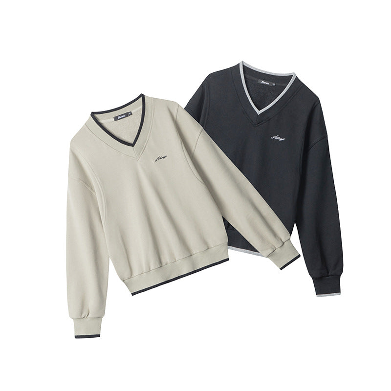 Nariele V-neck top lazy style new contrasting casual sweatshirt trendy retro loose long-sleeved Top