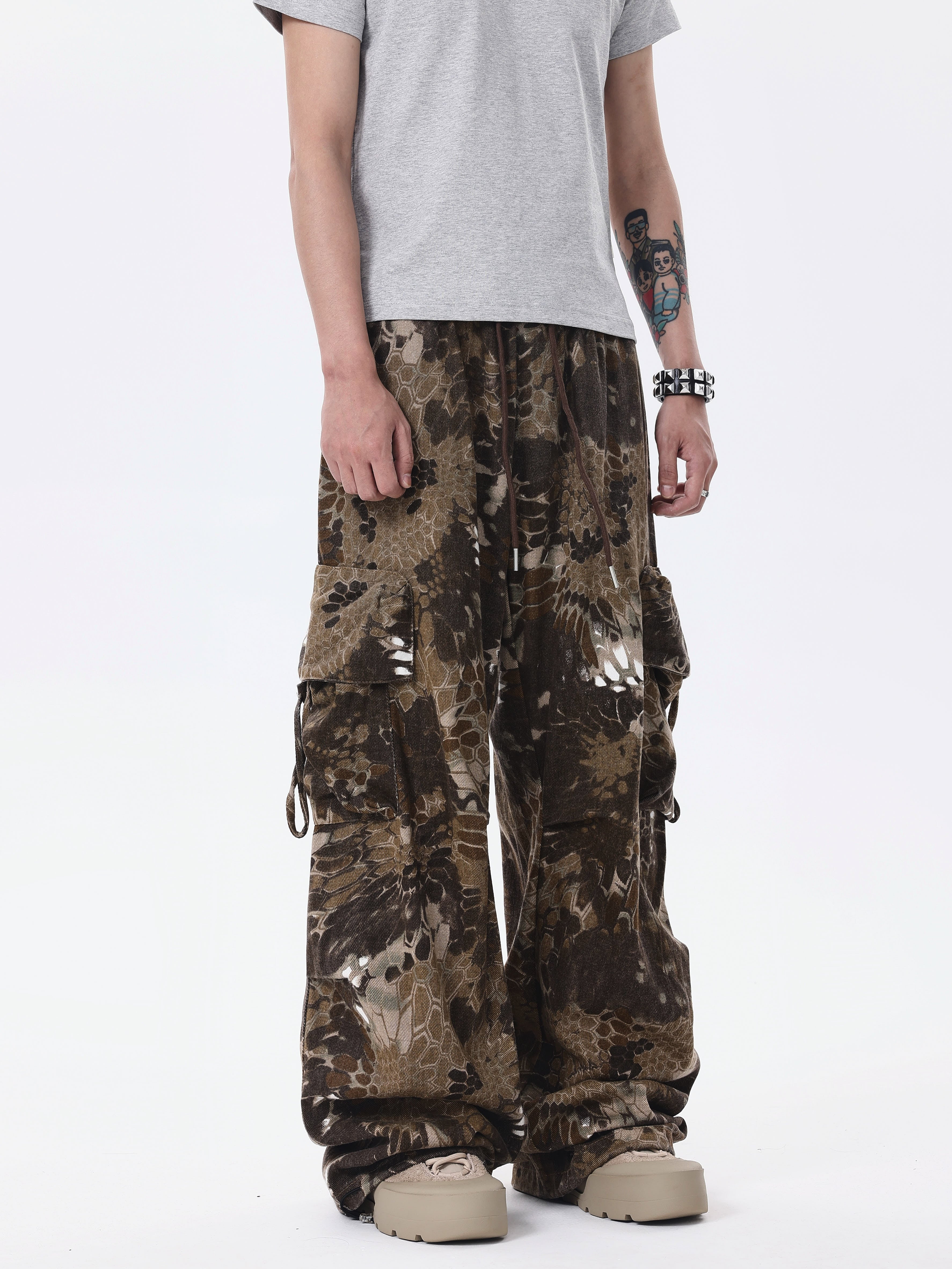 BTSG* American Retro Wasteland Snake Camouflage Multi-Pocket Cargo Pants