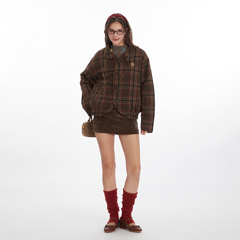Nariele Y2K retro plaid Stand Neck Winter Slim short cotton jacket