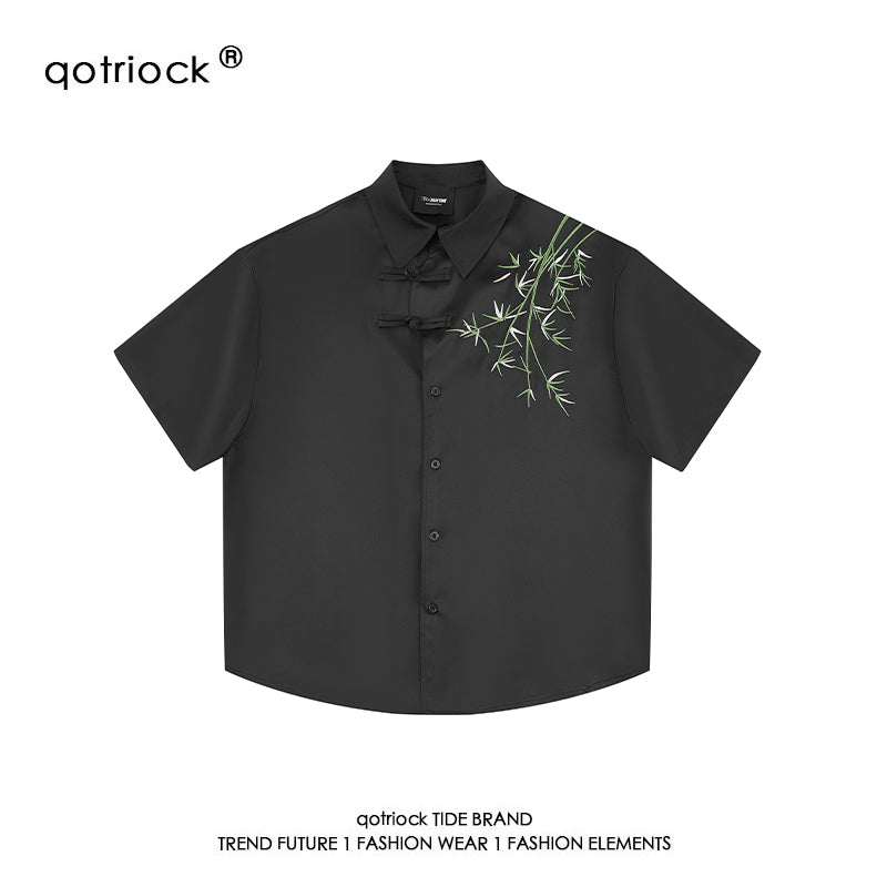 QOTRIOCK Bamboo Embroidery Casual Tang Shirt