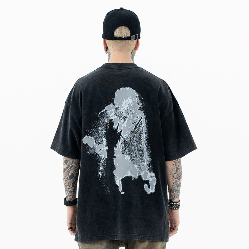 تي شيرت SUP أمريكي ثقيل الوزن ريترو روك جيتار مطبوع بأكمام قصيرة