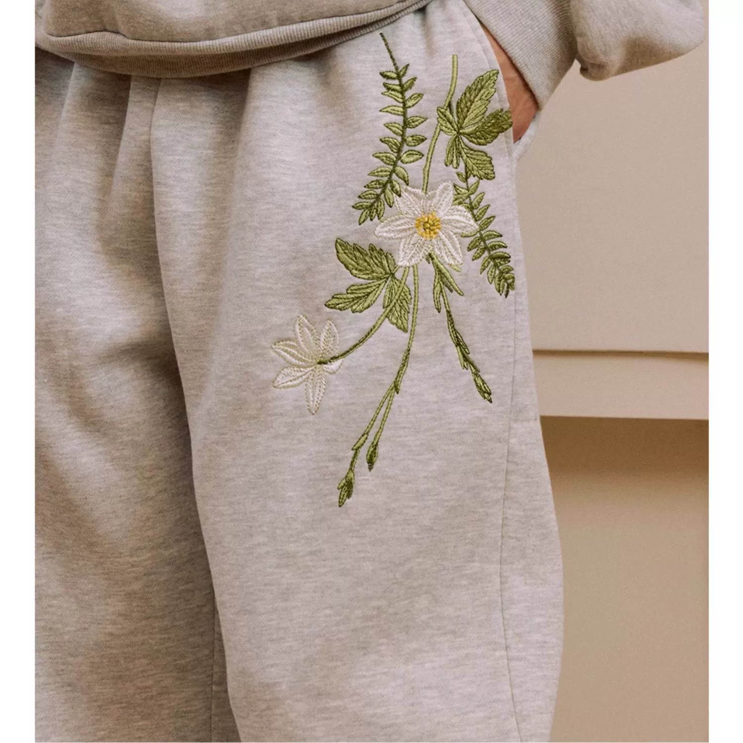 Harshandcruel draped floral embroidered elastic wide-leg straight-leg casual sweatpants