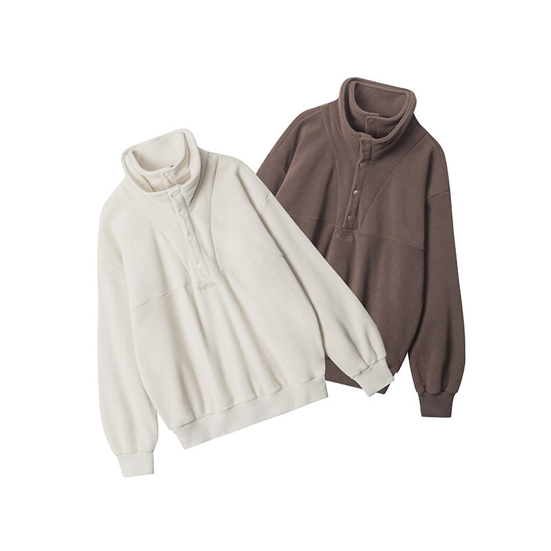 Nariele Double Collar Design Fall Winter Lazy Cardigan Sweatshirt Puffy Fleece Casual Top