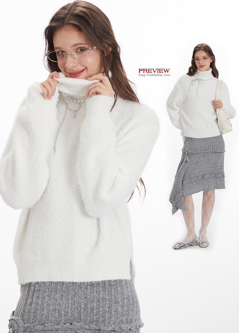 Nariele Solid Color Turtle neck Sweater Loose Fluffy Sweater