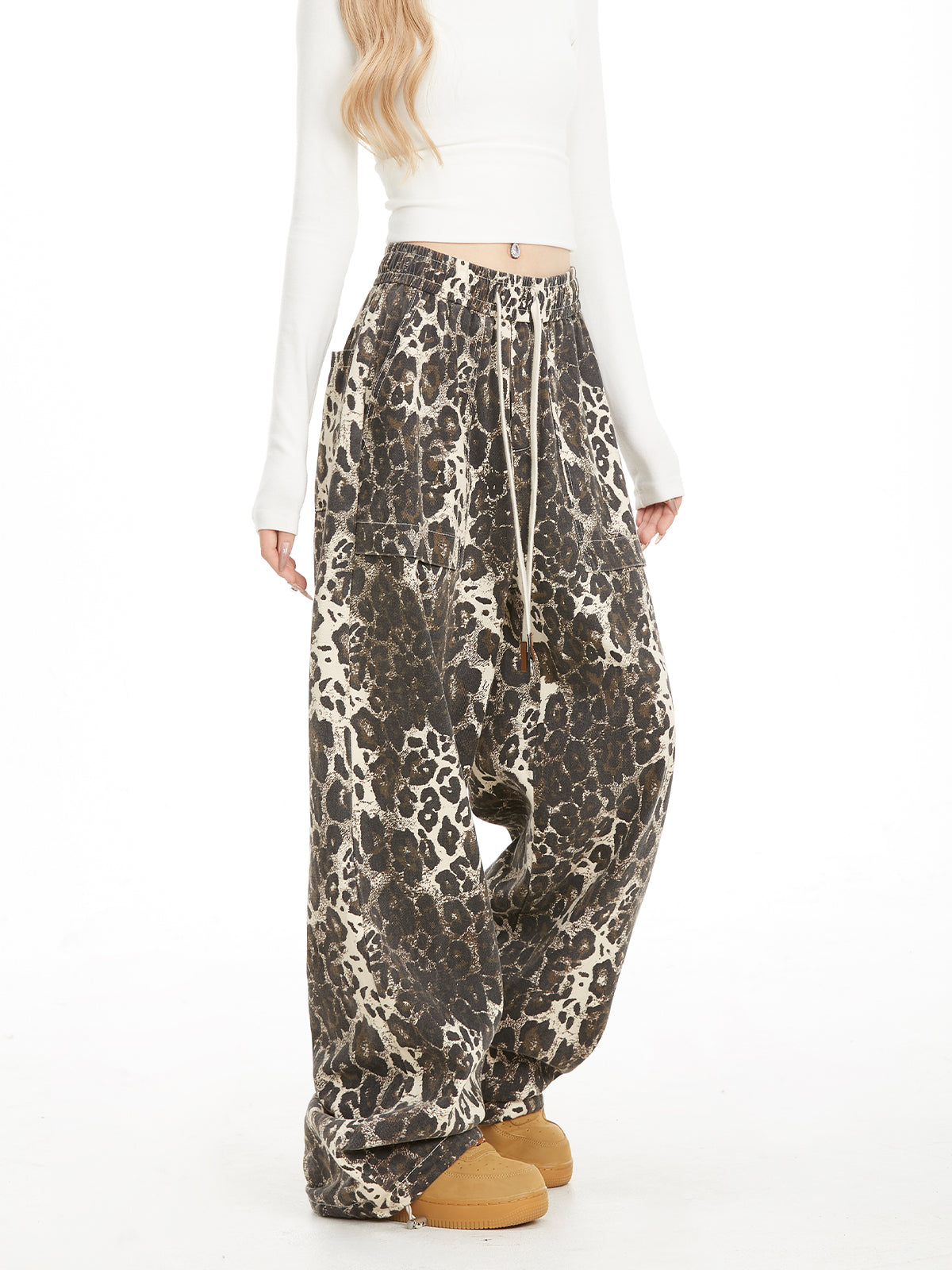 NERESUM leopard print retro cargo pants hip hop casual loose straight pants