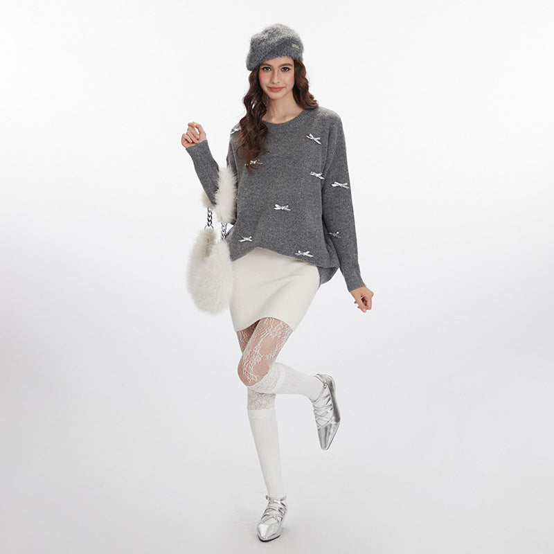 Nariele Sweet style round neck pullover knit loose  retro sweater