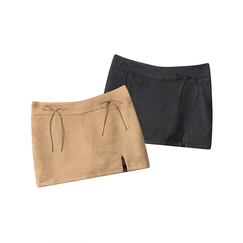 Nariele High Waist Slim Bow Strap Suede Skirt