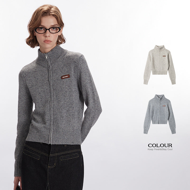 Nariele spotted Prints zipper sweater jacket  short stand collar knitwear cardigan