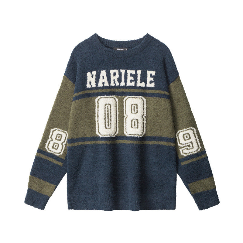 Nariele Unisex Loose Letter College Style Crew Neck Pullover Knit Sweater