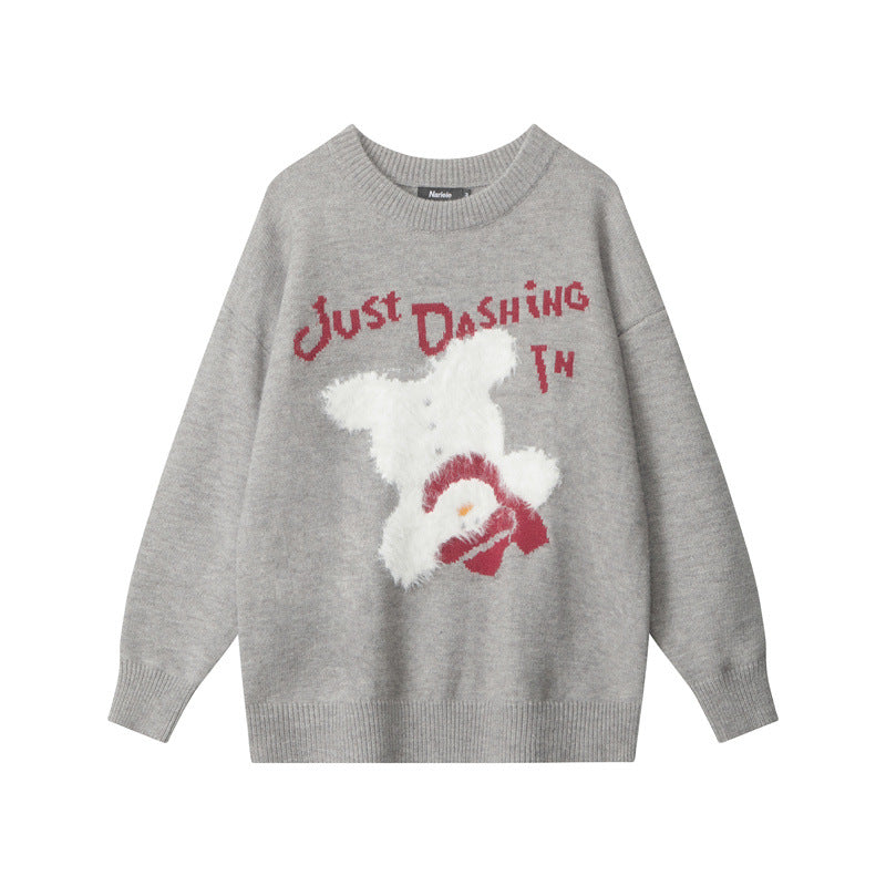 Nariele letter Bear cartoon round neck pullover loose knit sweater