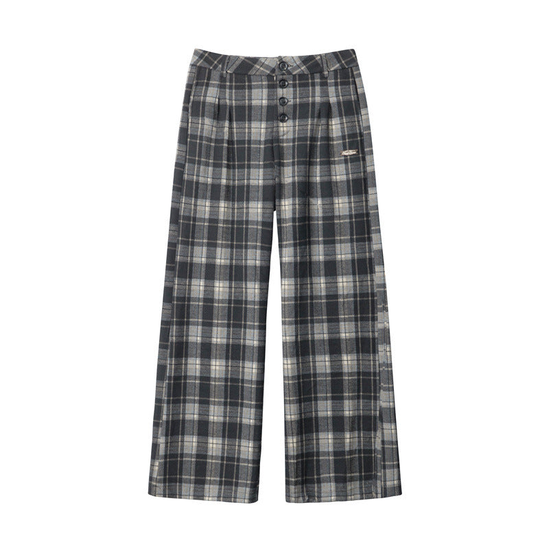 Nariele American Vintage Plaid Pants High Waist Wide Leg Straight Pants