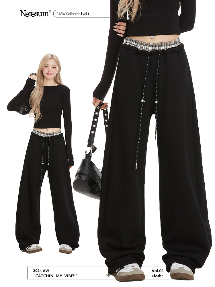NERESUM Loose Sweatpants Double Waist Drawstring Straight Casual Pants