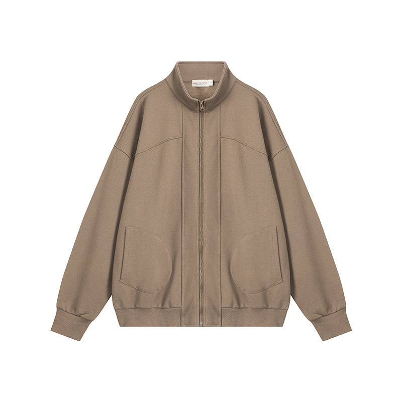 Nariele Unisex Loose Stand Collar Solid Color Retro Sweatshirt Casual Classic Zip Jacket