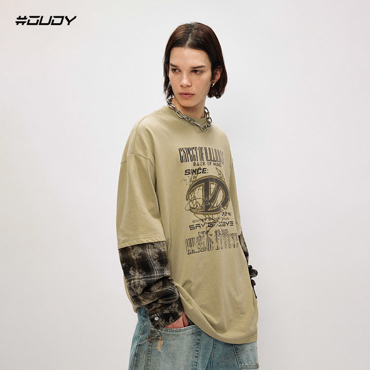 #OVDY Fake Two Pieces Camouflage Stitched Loose Crew neck Sweatshirt