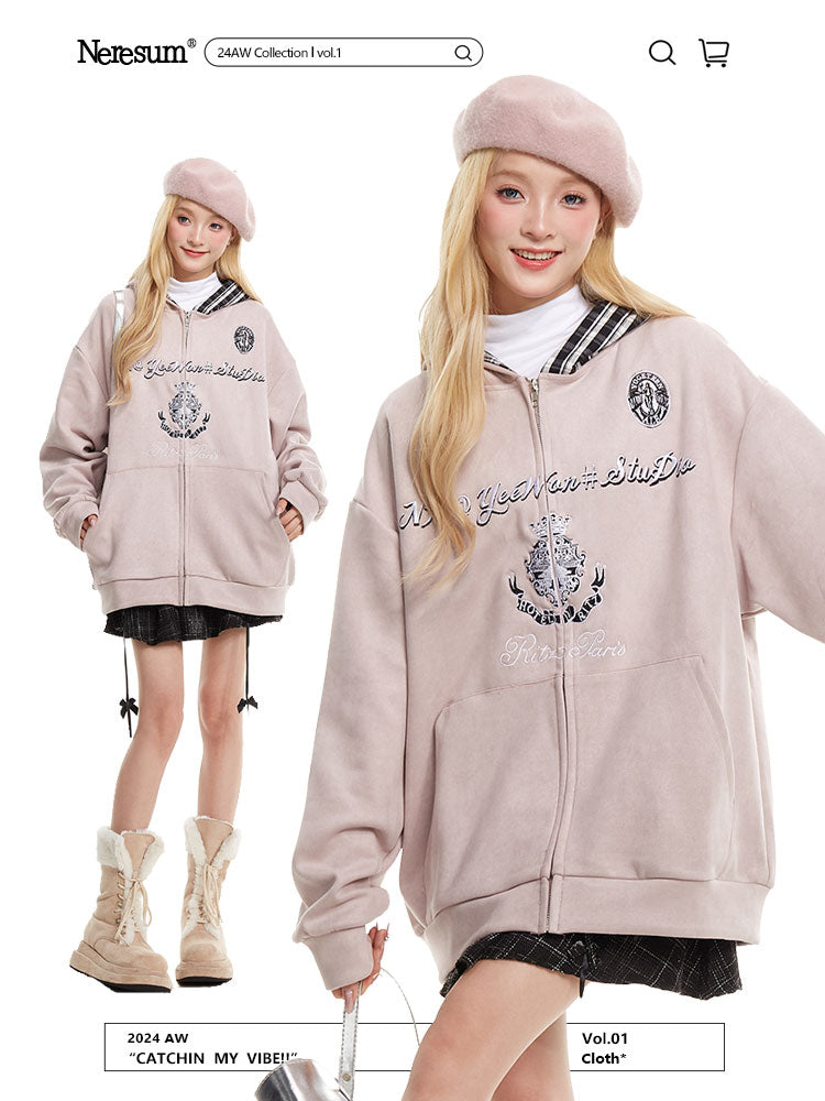 NERESUM retro plaid patchwork suede hoodie cardigan sweatshirt design oversize coat