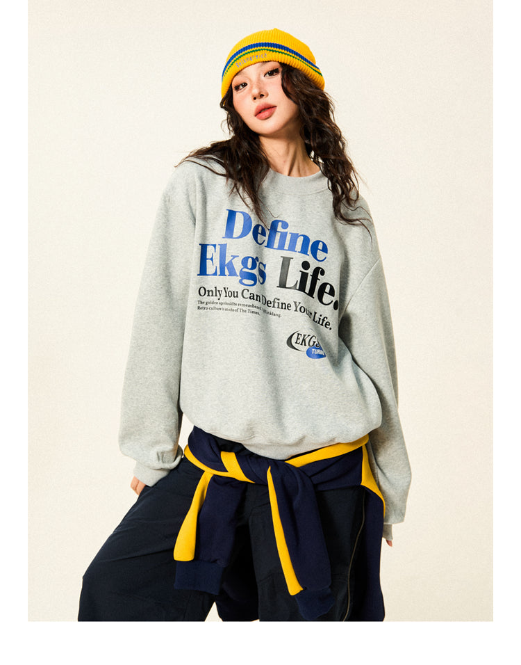Mershier Original Retro Letter Print Crew Neck Sporty Sweatshirt
