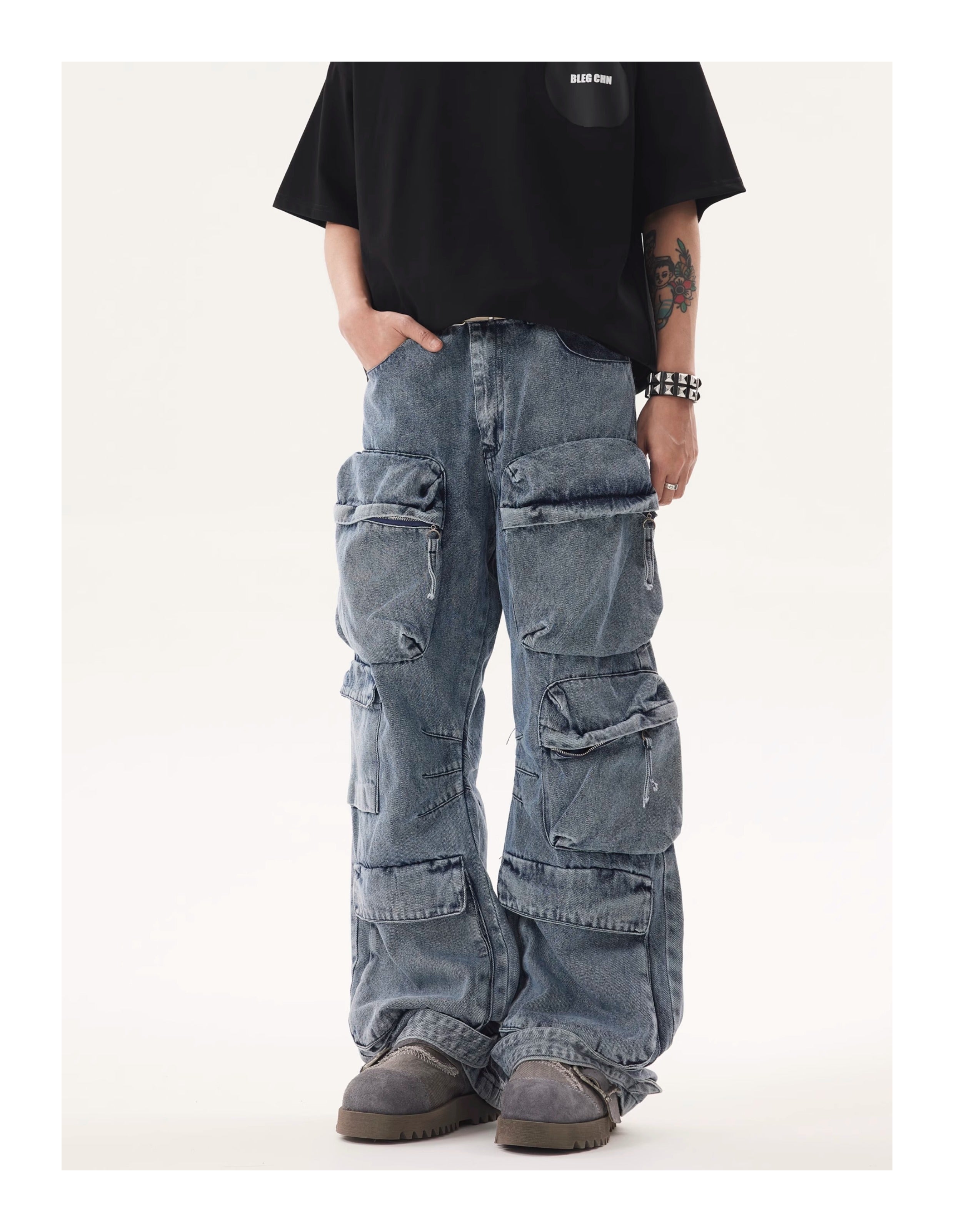 BTSG* Cargo Pants Washed Distressed Jeans