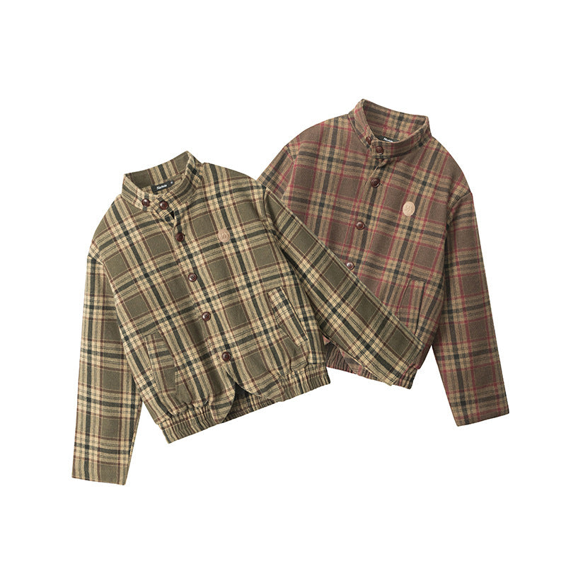 Nariele Y2K retro plaid Stand Neck Winter Slim short cotton jacket