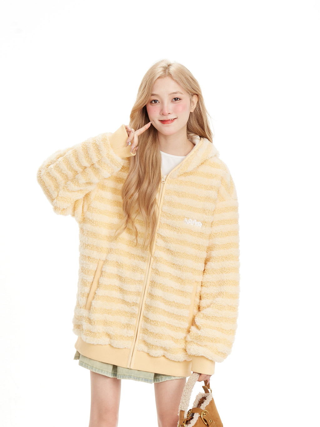 NERESUM Bear Ear Striped Fleece Hoodie Jacket Winter Cute Loose Thin Cotton Jacket