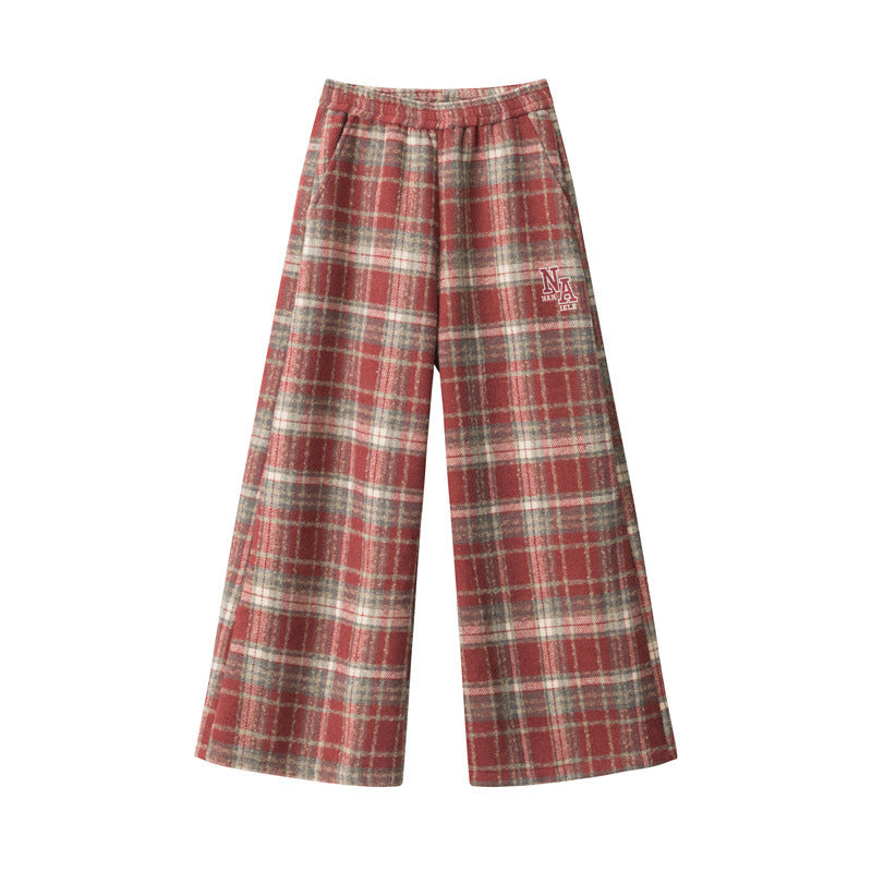 Nariele High Waist Casual Pants Casual Plaid Trendy Loose Wide Leg Pants