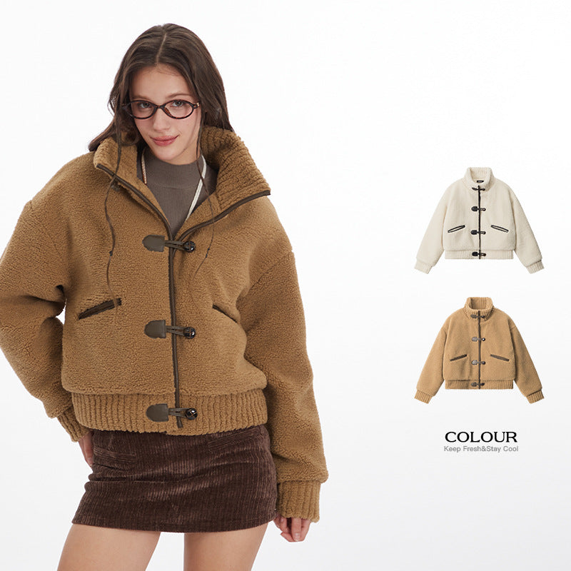 Nariele Stand Collar Padded Short Wool Fleece Cotton Jacket