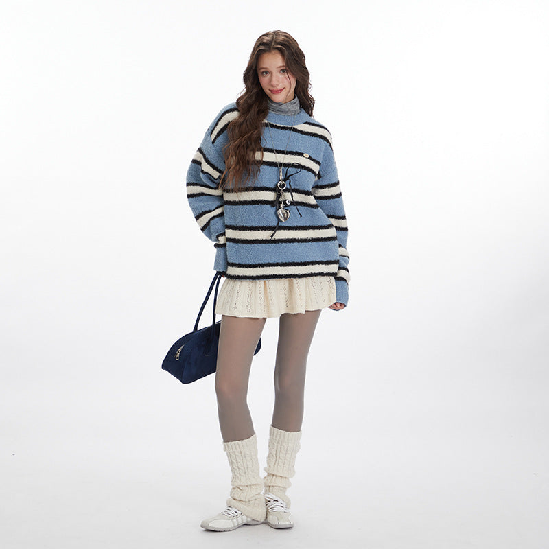 Nariele vintage striped crew neck sweater loose Puffy knit pullover Sweater