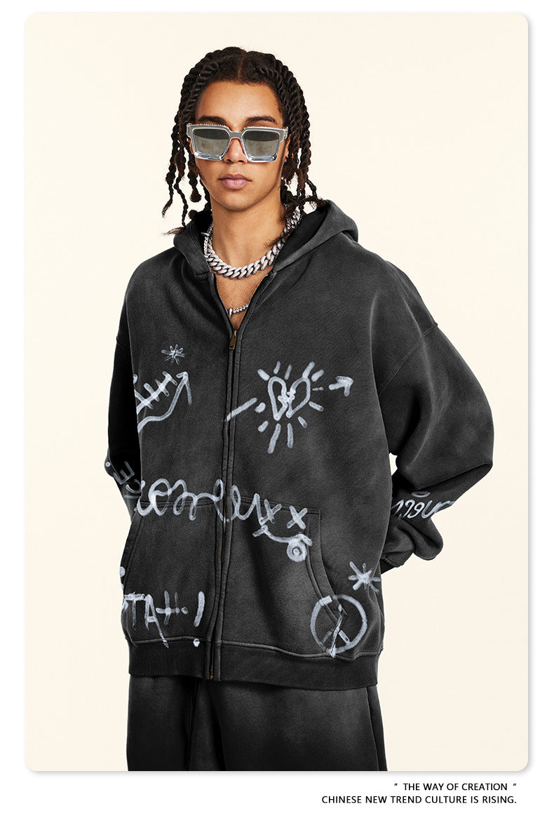 BE Winter Graffiti Hand-Painted On Zipper Hoodie