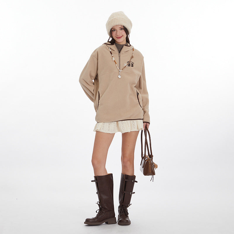 Nariele Letter Embroidery Half Zipper Hoodie Loose Sweatshirt