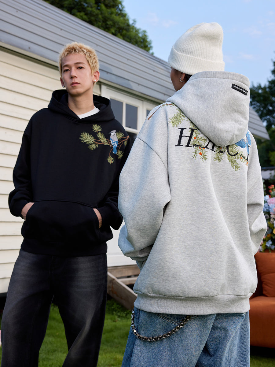 Harshandcruel Chinese Pine Needle Flying Bird Over-the-shoulder Embroidered HACR Hoodie