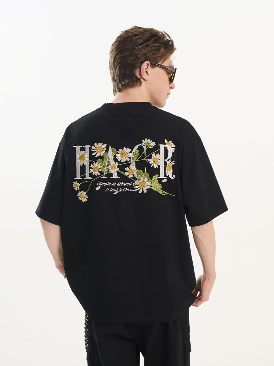 harshandcruel ] floral typography, heavy-duty embroidered tee