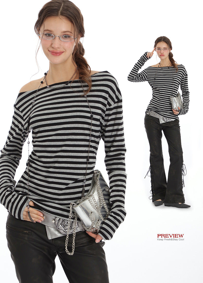 Nariele Striped Long Sleeve T-Shirt Slim Top Off Shoulders Cropped Top