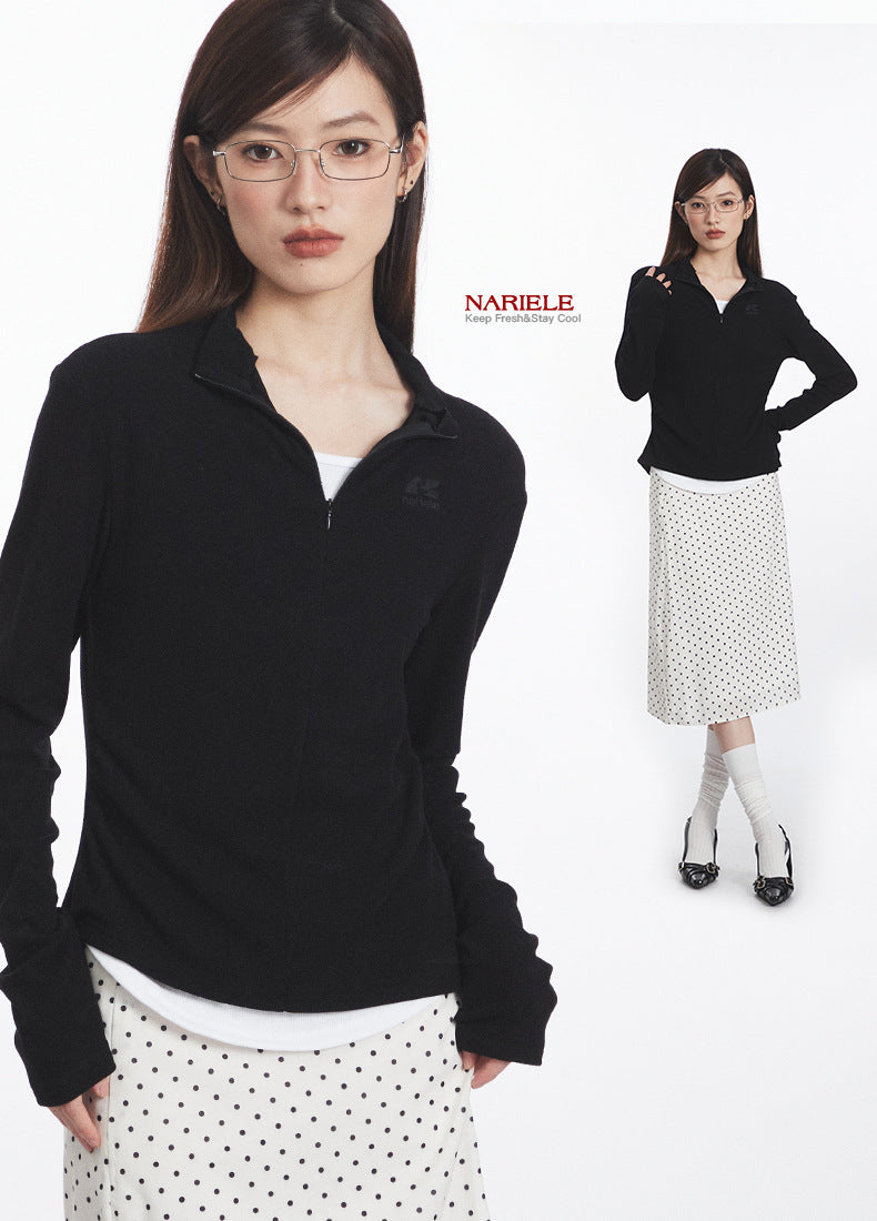 Nariele Fake Two-Piece Stand Collar Long Sleeve T-Shirt  Slim Zipper Top