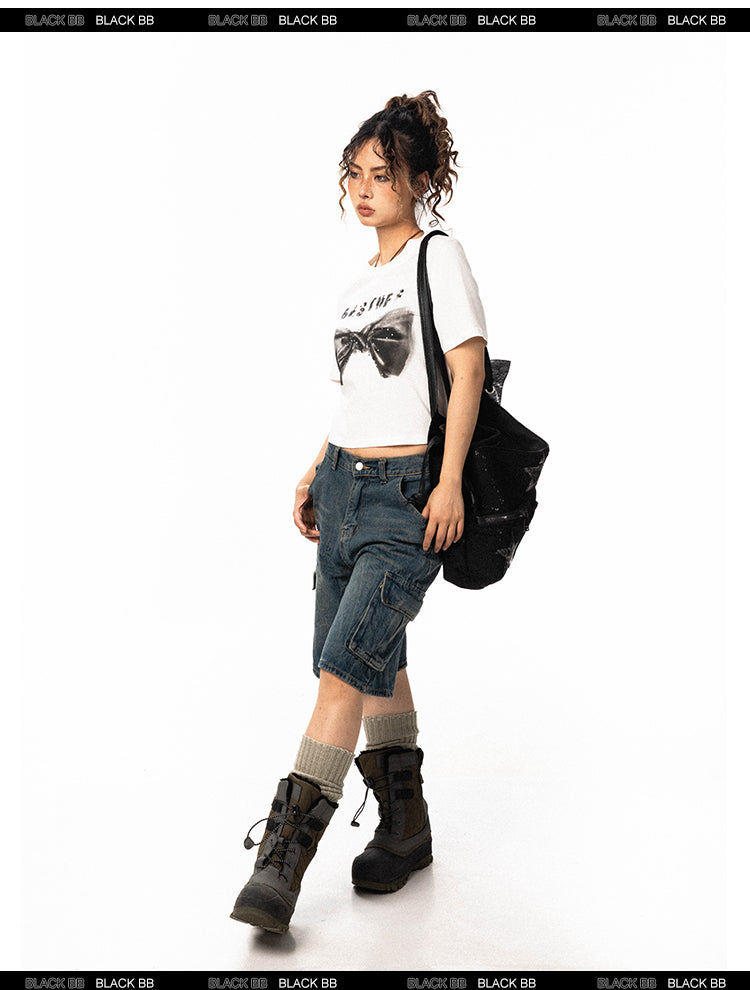 BLACKBB Hot Diamond Bow Print American Basic Retro Slim Fit Women Tee