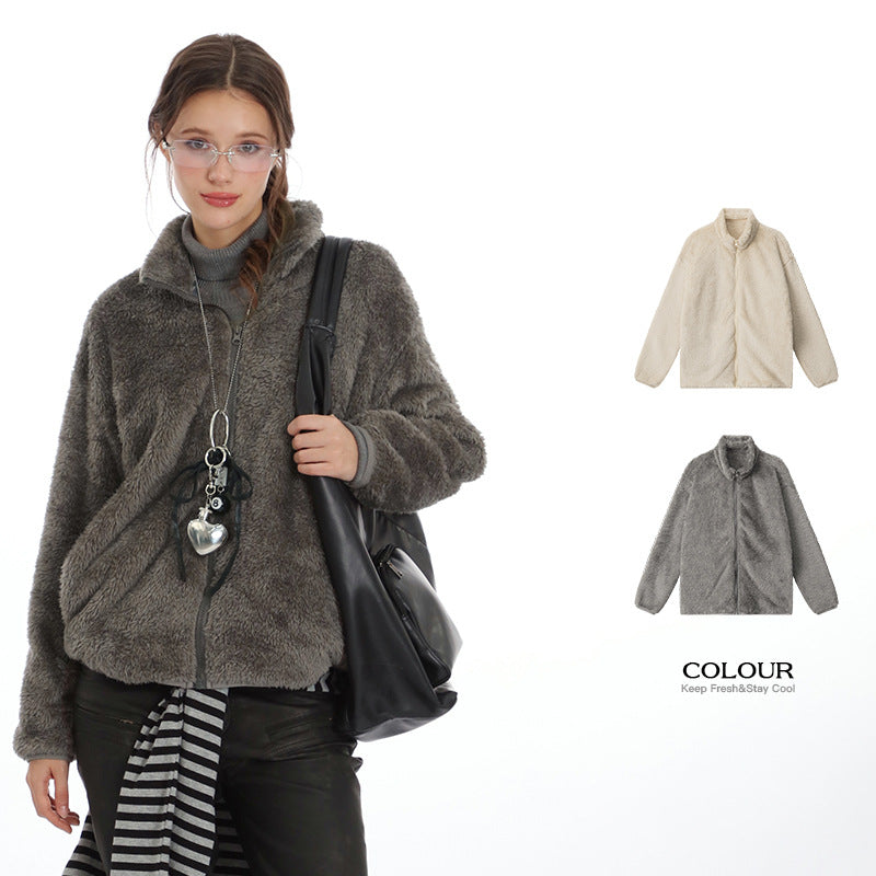 Nariele Trendy Polar Fleece Zipper Loose Jacket