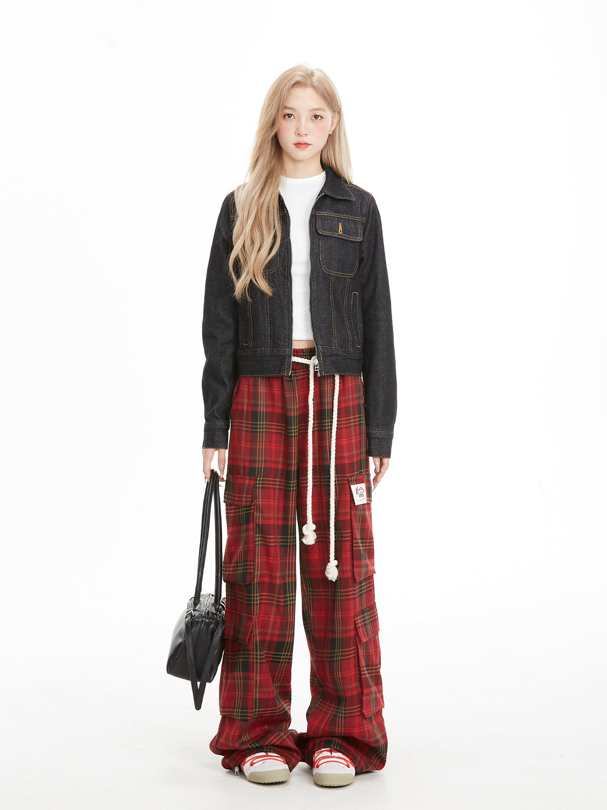 NERESUM Pant Retro Lazy Plaid Pants Trendy Design Casual Straight Cargo Pockets Pants