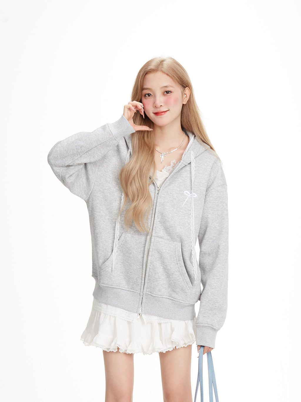 NERESUM lace stitching fake two-piece fleece zipper hoodie lazy style sweet cool design jacket
