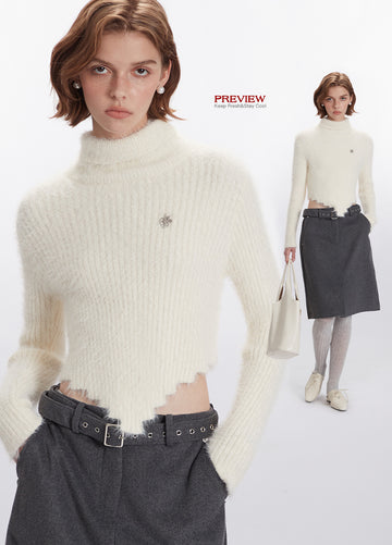 Nariele New Hem Irregular Design Turtleneck Knitting Niche Cropped Top Slim Fit Sweater