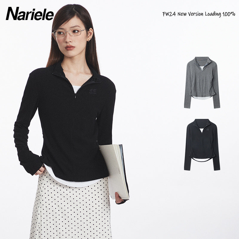 Nariele Fake Two-Piece Stand Collar Long Sleeve T-Shirt  Slim Zipper Top