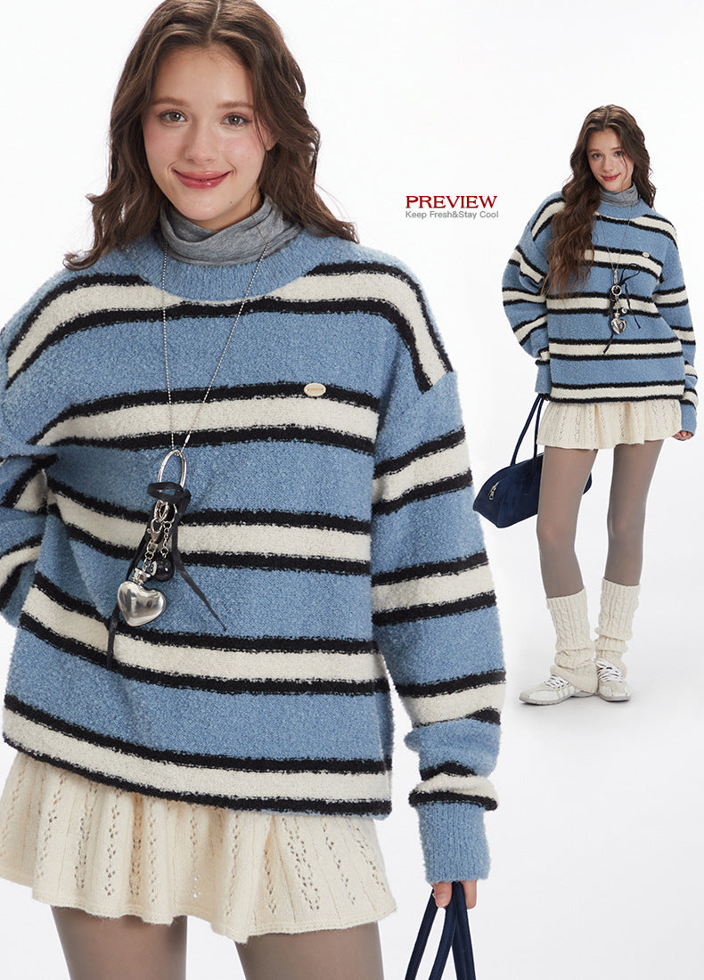 Nariele vintage striped crew neck sweater loose Puffy knit pullover Sweater